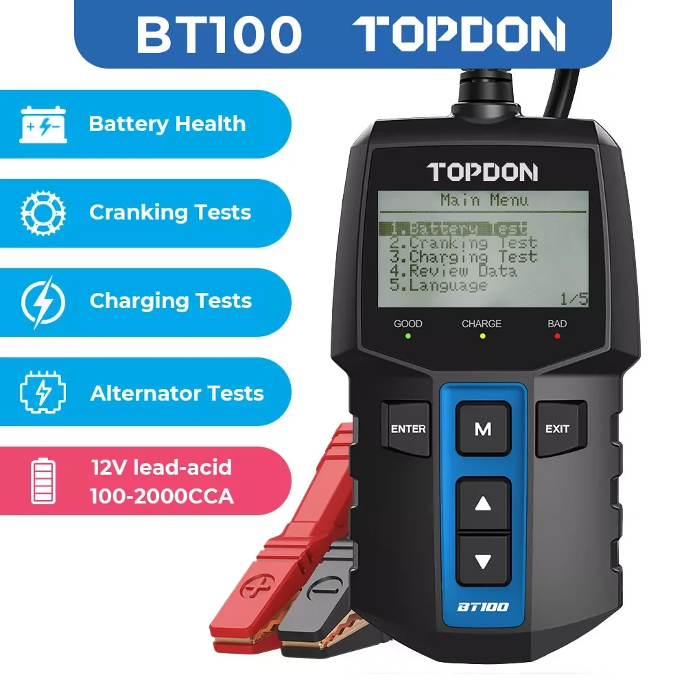 TOPDON BT100 12V Car Battery Tester Digital Automotive Diagnostic Battery Tester Analyzer Vehicle Cranking Charging Scanner Tool