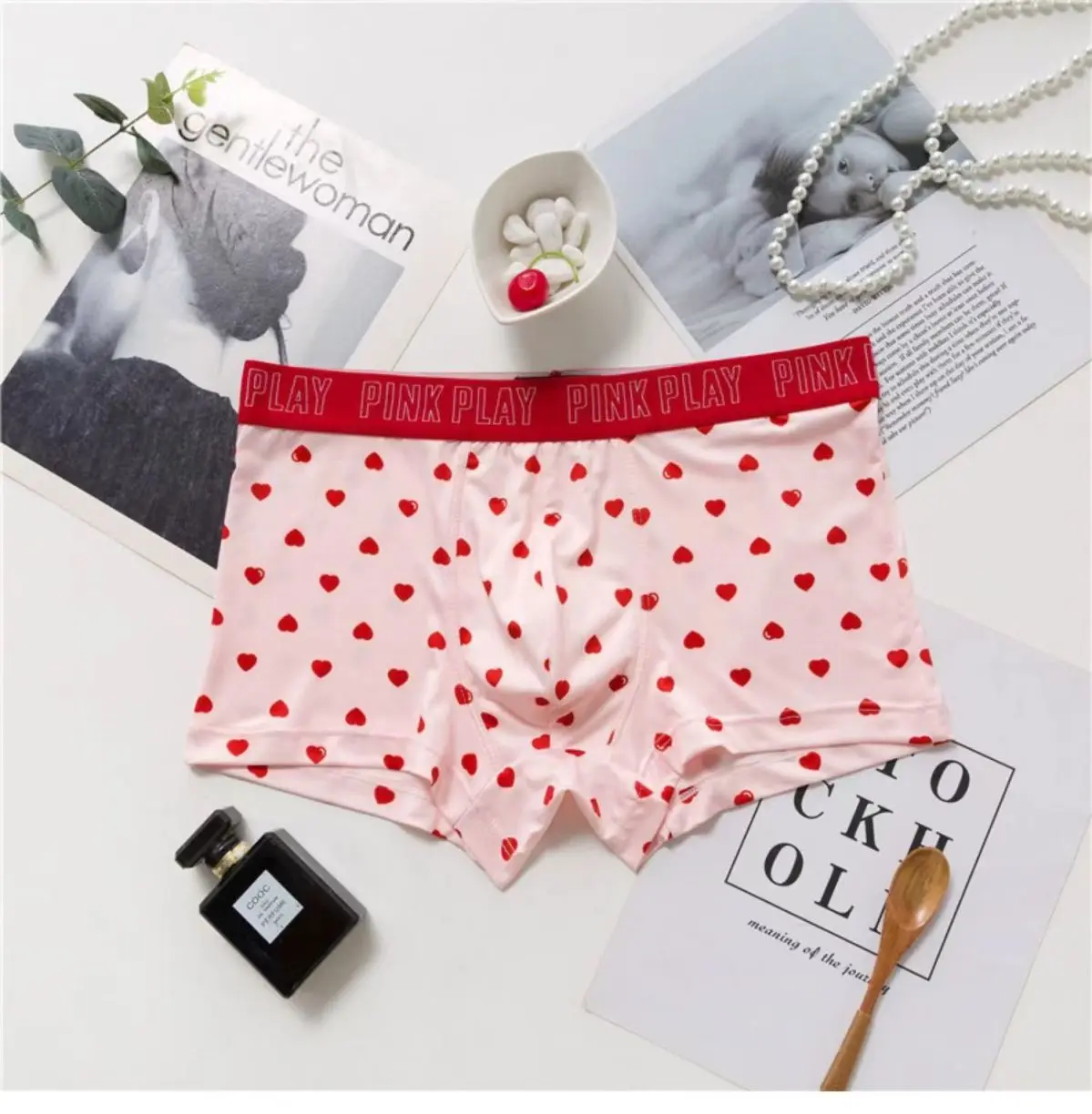 Pink Party Fonts Heart  Sweet Lace Hem Man's Briefs BF Gift LGBTQ Group Private Party Live Show Boxer Brief Panty Harajuku