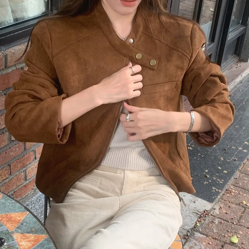 American Retro Deer Skin Velvet Long Sleeve Jacket Zipper Short Motorcycle Style Top for Women Autumn Fashion Ladies' Coat