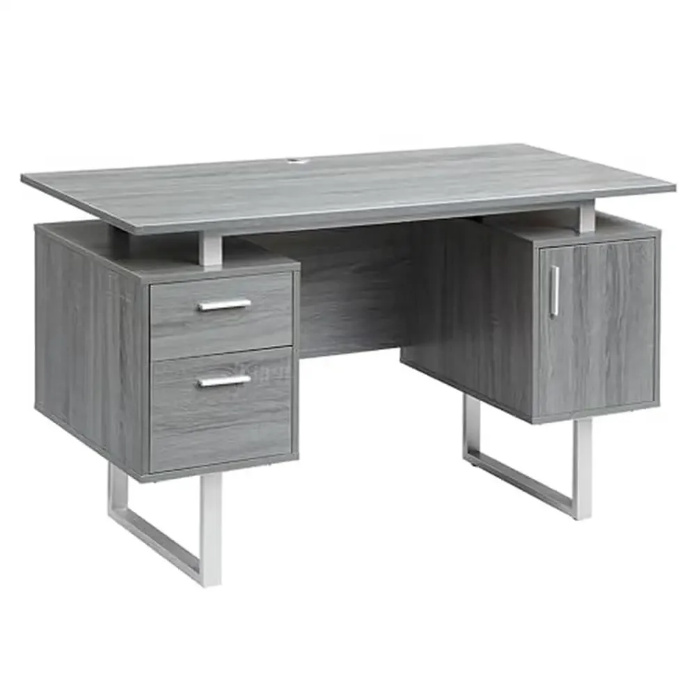 Mesa de escritório cinza moderna com armazenamento MDF e construção de metal 2 gavetas 1 armário fácil montagem alças prateadas 51,25" x 23,25"