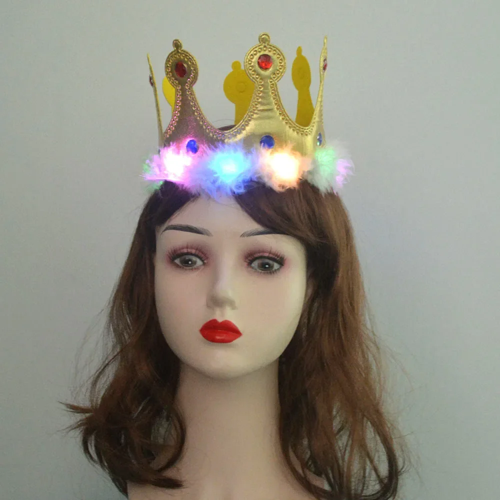 10pcs Party Gold LED Light Up Flash Feather Rhinestone Birthday Hat King Prince Queen Princess Crown  navidad  Halloween