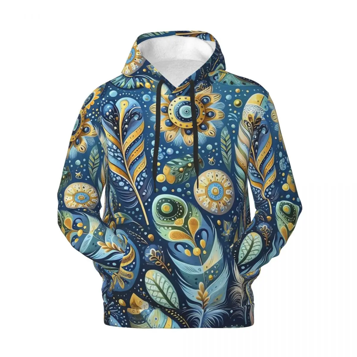 Folk Art Casual Hoodies Man blue and gold feather Pullover Hoodie Winter Outerwear Graphic Sweatshirts Oversized Clothes