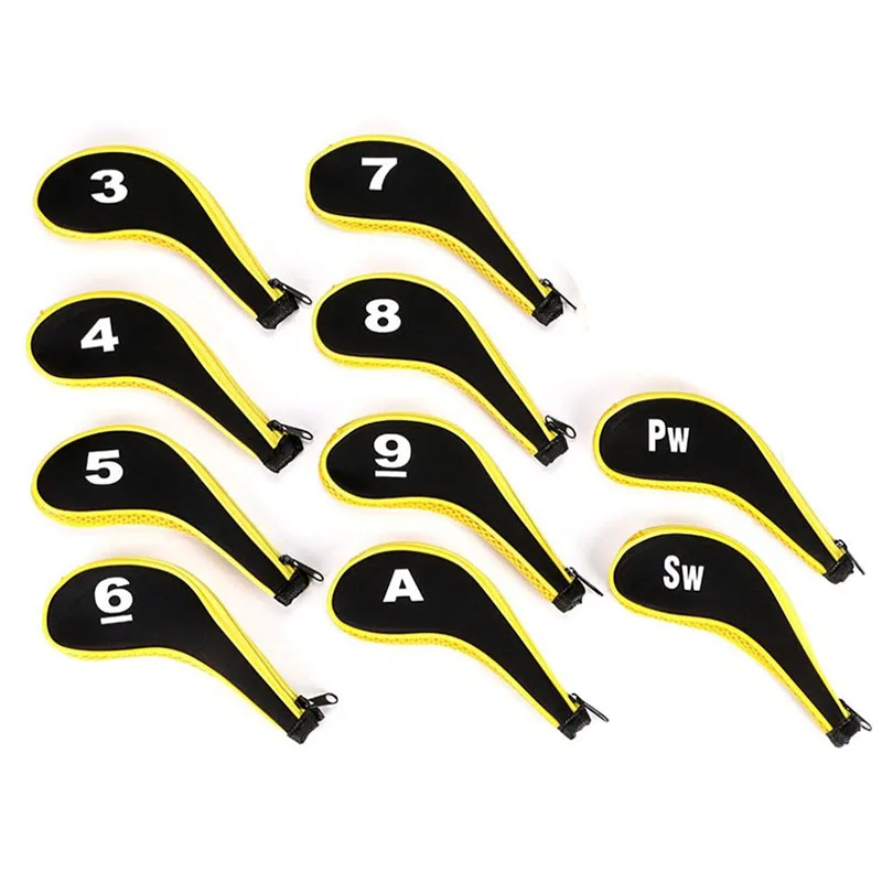 

Number Print Golf Club Irons Covers Neoprene Zippered Driver Head Cover With Long Neck-Set Of 10,Yellow