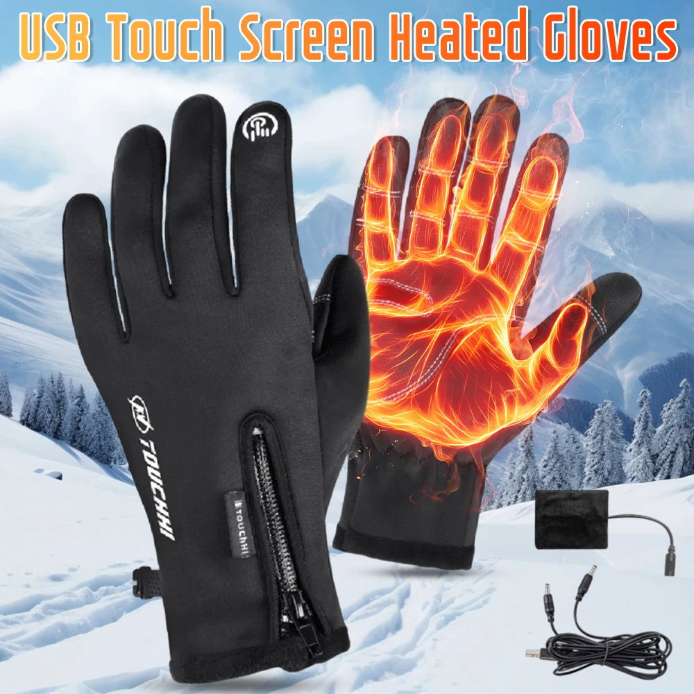 Gants électriques de cyclisme en plein air d'hiver, pour sport, course à pied, chauds, chauffants par USB, pour écran tactile, antidérapants, pour moto