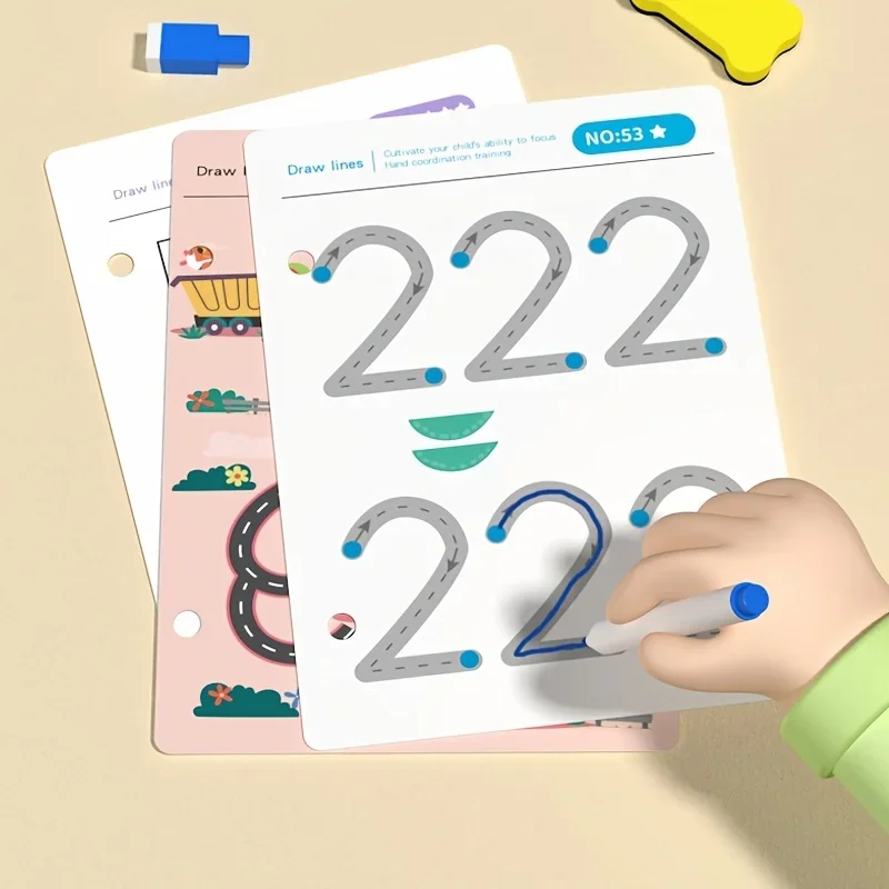 Reusable Magic Tracking Workbook with Pen & Eraser Educational Drawing and Pen Control Training Fun Animal & Number Activities