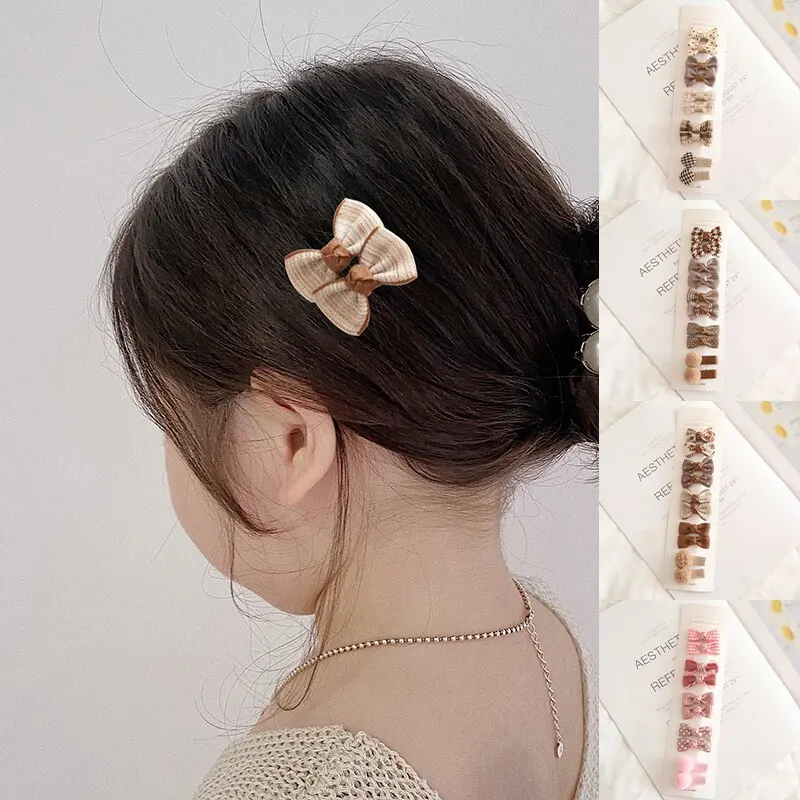 10Pcs Plaid Bowknot Baby Girl Hairpins Floral Dot Children Hair Clips Kid Barrettes Headwear