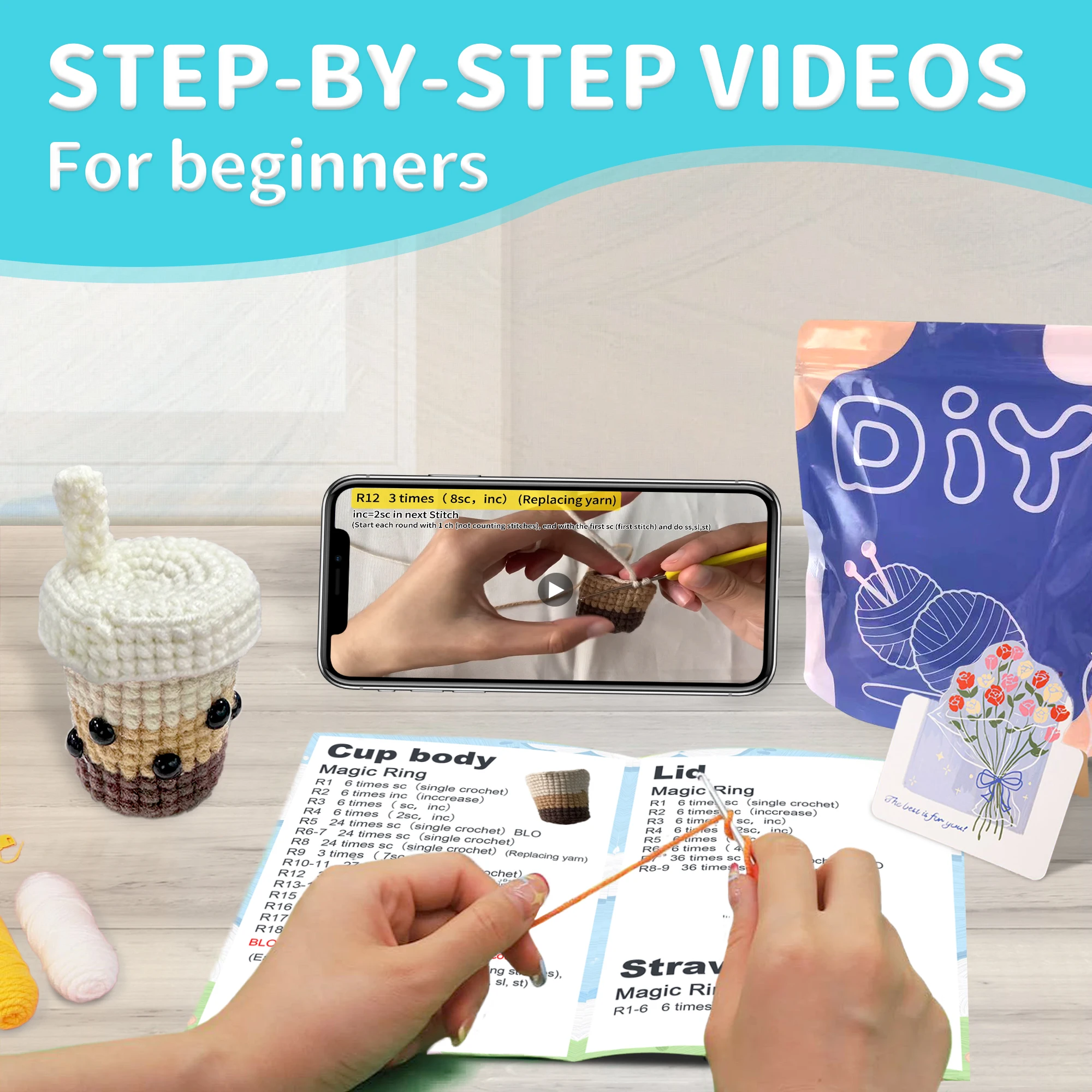 1 قطعة مجموعة كروشيه عائلية لشاي الحليب للمبتدئين-كروشيه أبيض وردي أزرق برتقالي سهل التعلم على مجموعة أدوات الحياكة أميجورومي #5