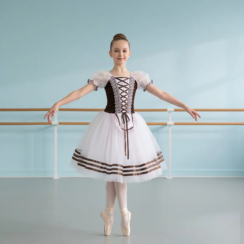 

Adult Children's Performance Contemporary Dance Leotard Skirt Ballet Costumes Girls Long Pink Ballet Dress with Puff Sleeves