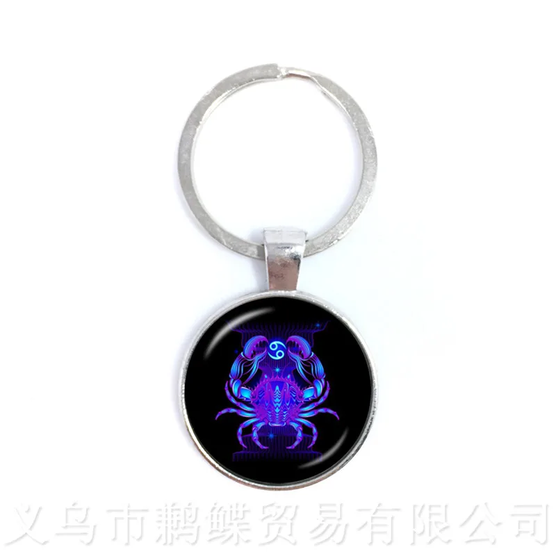 New 12 Zodiac Signs Keychains Retro Twelve Constellations Cabochon Glass Time Gem Pendant Keyring For Gift