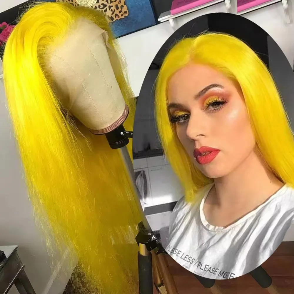 QW Synthetic Hair Straight Yellow Colored Lace Front Wig for Women Wigs Glueless Heat Resistant Fiber Party Cosplay