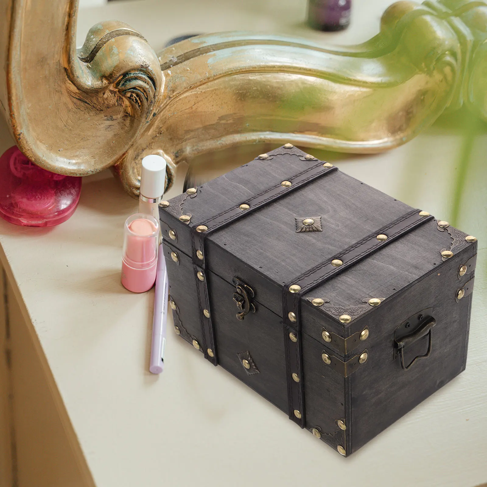 

Vintage Wooden Storage Chest Lock Dark Grey Treasure Box For Jewelry Keepsake Trunk Wood Chest Box Organizing Home Decor Secure