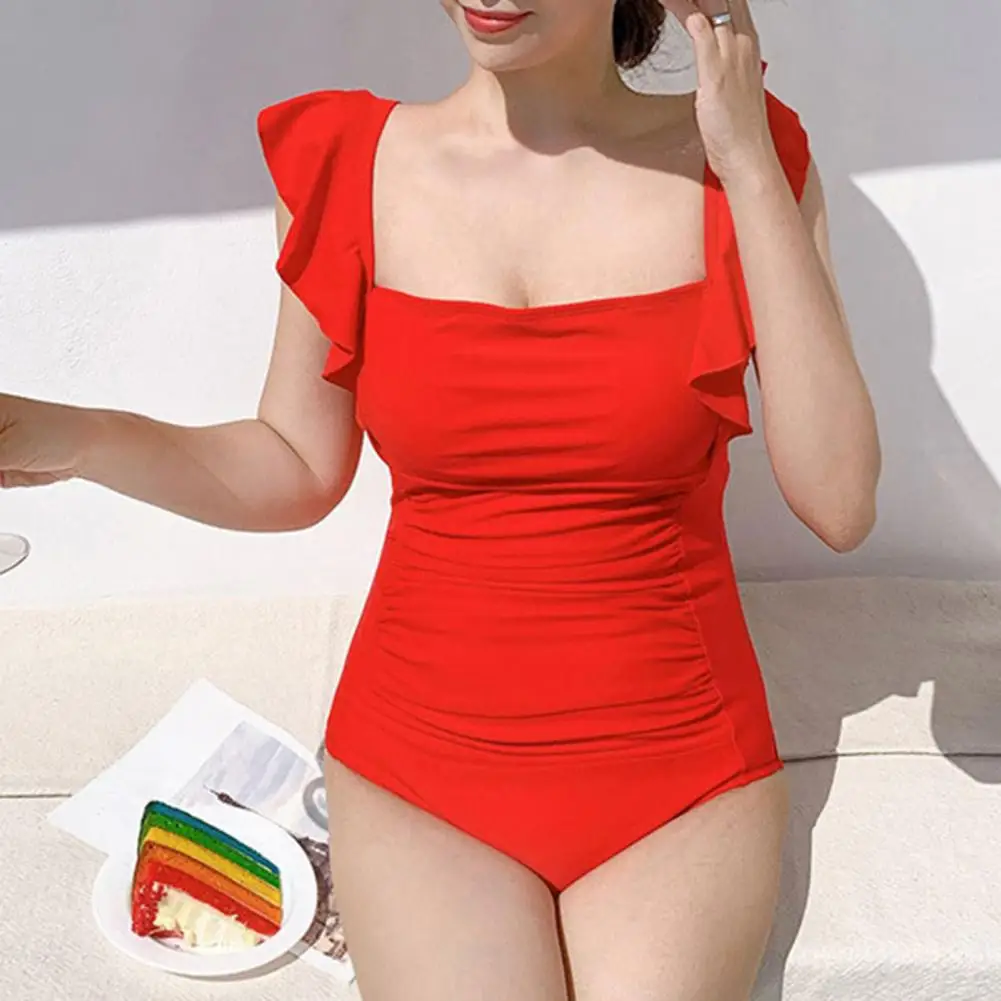 Square Collar Women Swimsuit Swimwear Sexy One Piece Girls Bathing Suit Pleated Backless Ruffle Edge Push Up Monokini Romper