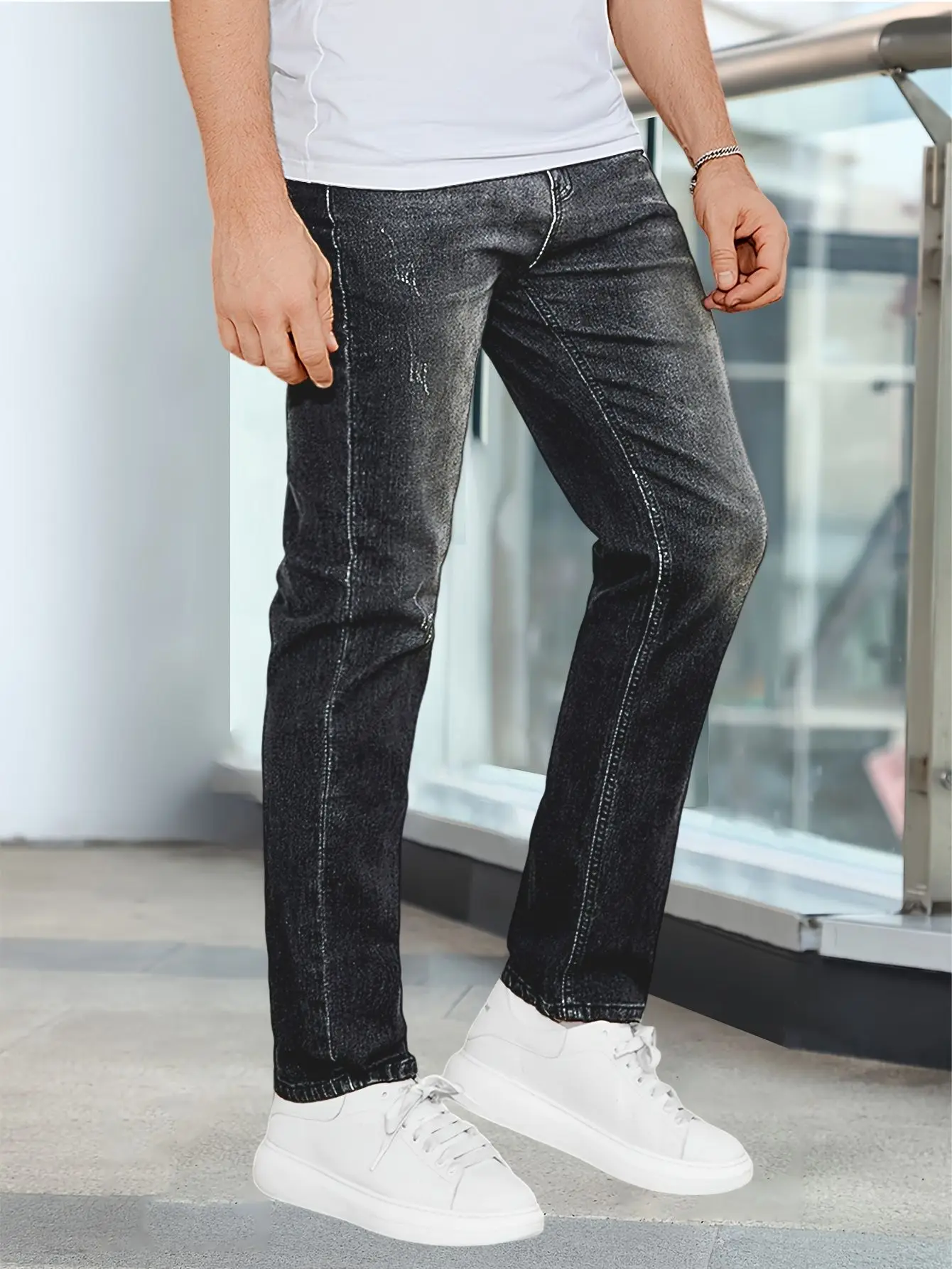 

2025 new men's washed cat whisker jeans straight leg high stretch pants street style black fashionable slim fit denim pants