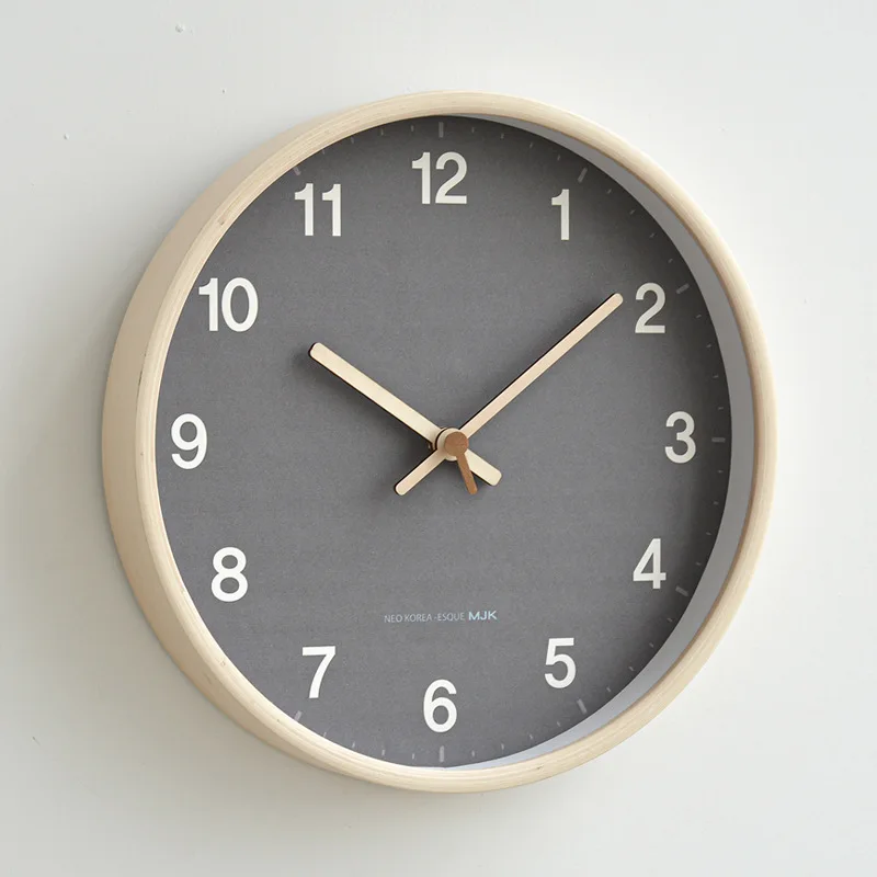 Korean Silent Wood Wall Clock Living Room Log Style Round Simple Clock Modern Gray Mute Japanese Style Wooden Wall Clocks