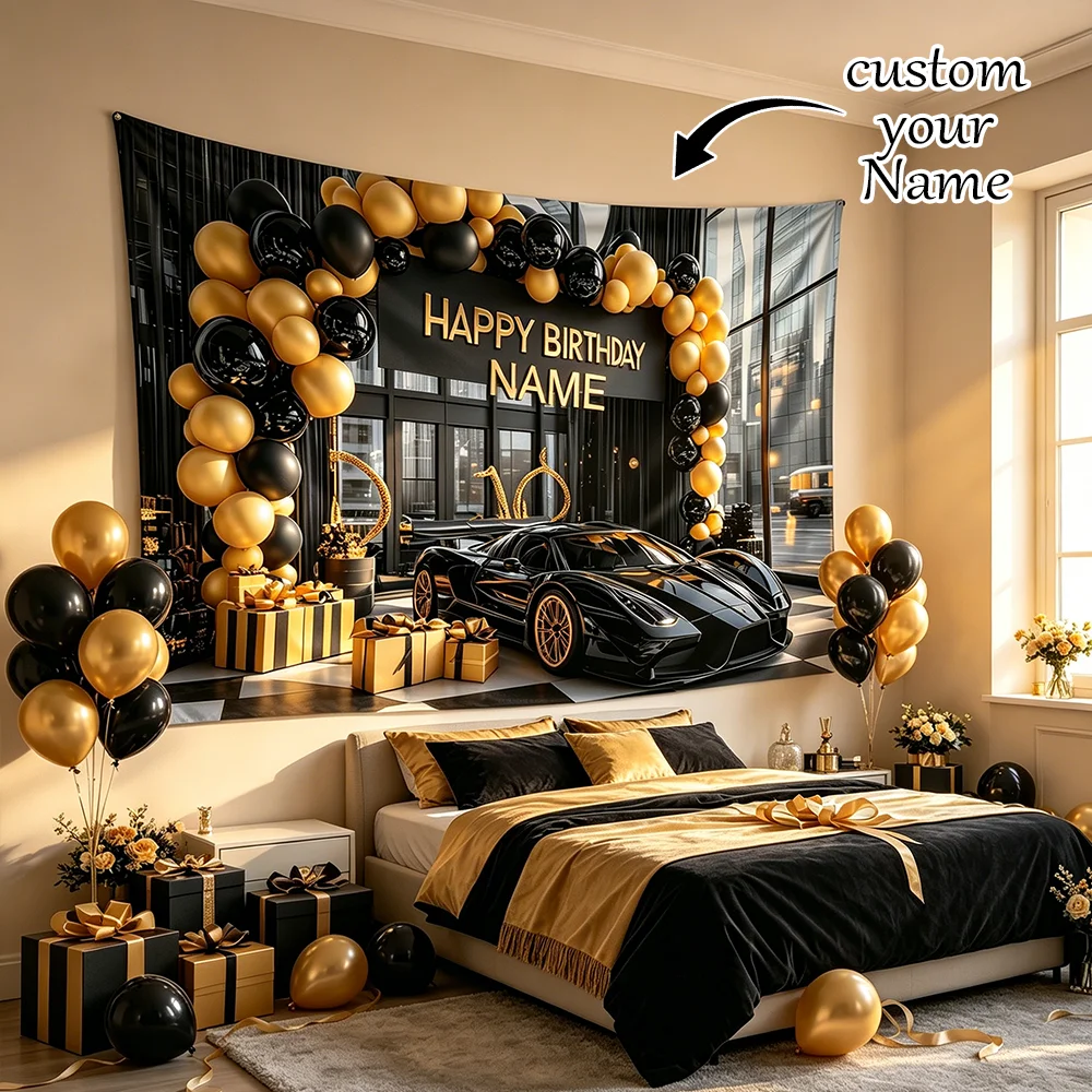 1PC Personalized Black Gold Sports Car Birthday Tapestry Custom Name Balloon Party Wall Hanging Boys Bedroom Celebration Decor