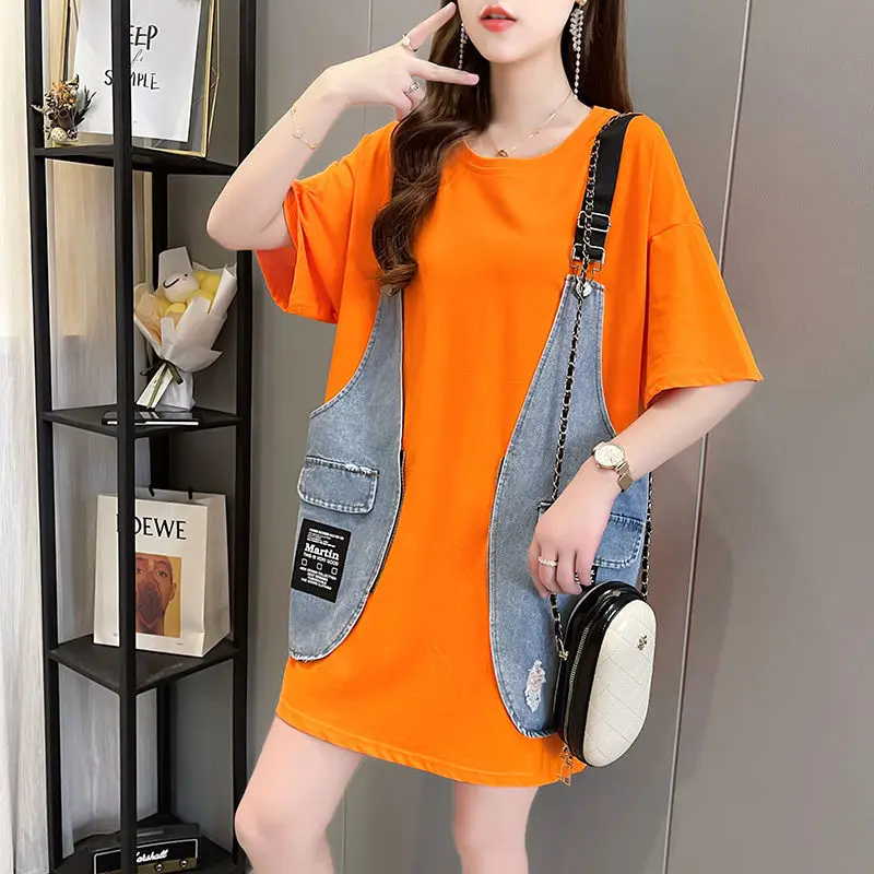 Fake Two Pieces Patchwork Pullovers Casual Loose Women\'s Clothing O-Neck All-match Summer Short Sleeve Korean Fashion T-shirt