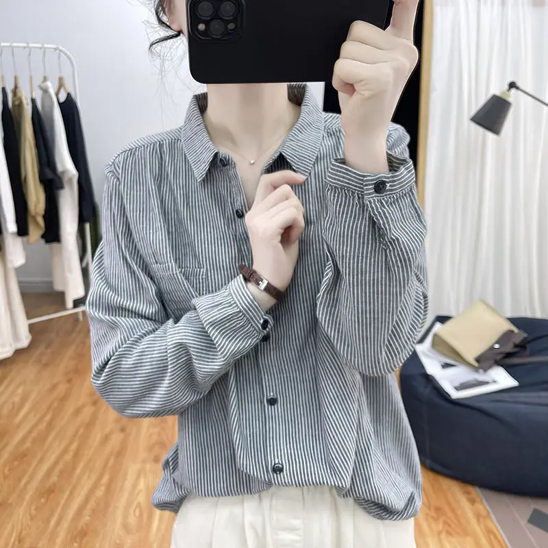 Women\'s Vintage Striped Print Lapel Button Shirt Simple Casual Commuting Cotton Blouse Long Sleeve Loose Tops Blusas Para Mujer