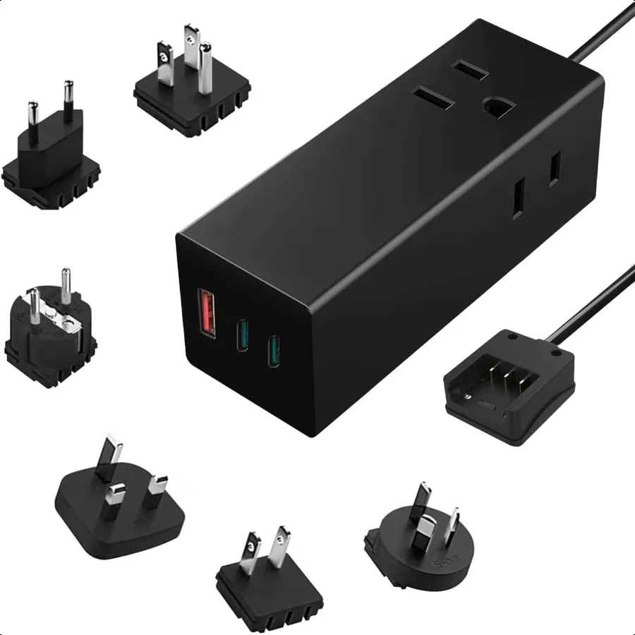 

65W World Travel Adapter 3 USB Ports PD 3.0 Ultra Compact Charger 2 US Outlets [GaN Tech] Quick Type C Charge Laptops Cellphone