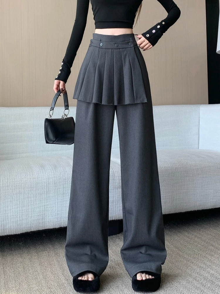 Suit wide leg pants skirt women's autumn design sense fake two piece pleated skirts high waisted loose floor length pants