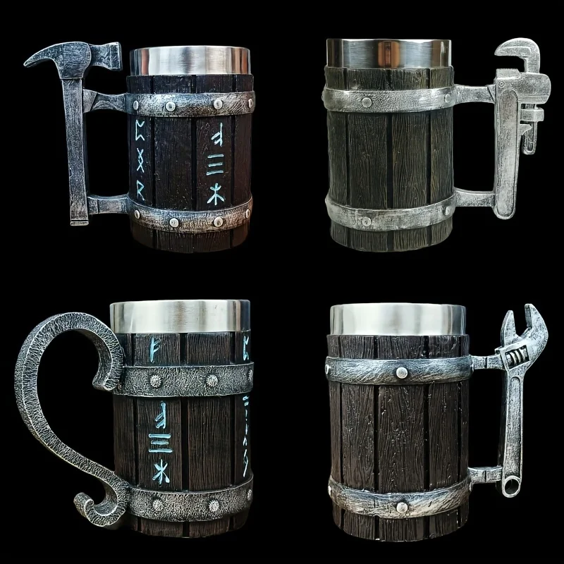 1pc, 600ml/20oz Vintage Stainless Steel Beer Mug with Barrel Design and Hardware Shaped Handle - Perfect for Summer and Winter D