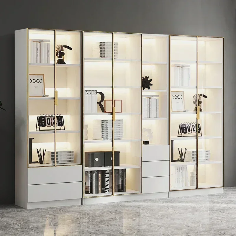 Proof Bookcase with Glass Door Display Cabinet Modern Light Luxury Customized Home Living Room Integrated Bookshelf