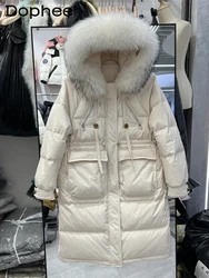 2024 Winter New Down Jacket Women's Mid Length Over-knee Hooded Fur Collar Thickened Loose Streamer White Duck Down Jacket