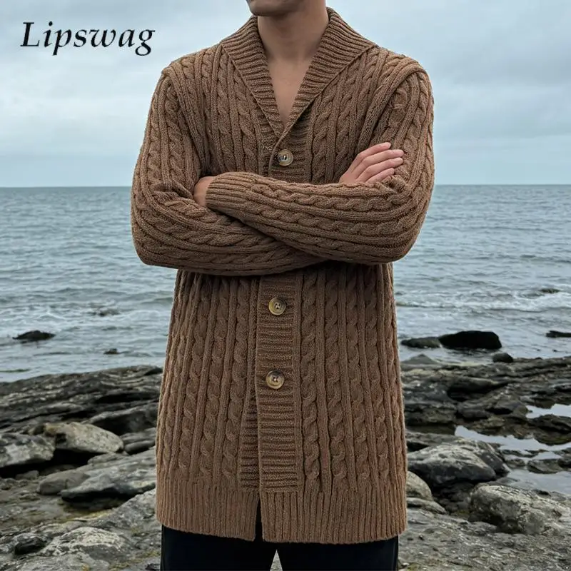

Stylish Knitted Slim Mid Jacket Mens Vintage Button-up Lapel Sweatercoats Autumn Winter Casual Men Twist Jacquard Knit Cardigans