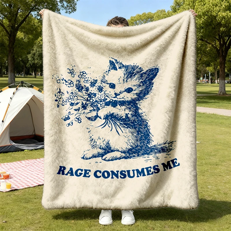 Cat Meme Flannel Blanket, Rage Consumes Me, Vintage Style Flannel Blanket
