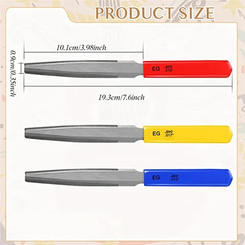 Imagen 2 del producto A51Q-3Pieces Tuerca de guitarra cónica Juego de limas ranuradas Archivo de alambre de doble filo Herramienta de alambre de guitarra eléctrica para bajo, 7,6 pulgadas