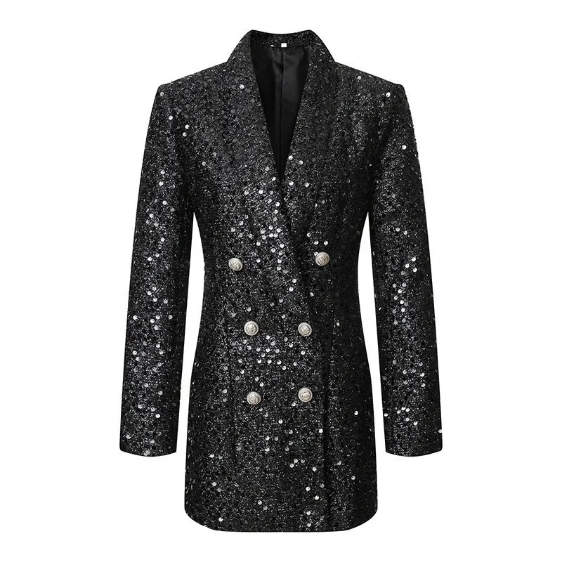 ฤดูใบไม้ร่วงผู้หญิงเลื่อม Blazer แฟชั่นและ Casual Double Breasted ด้านหน้าเปิด V คอ SHINY Sequins Blazer Workwear