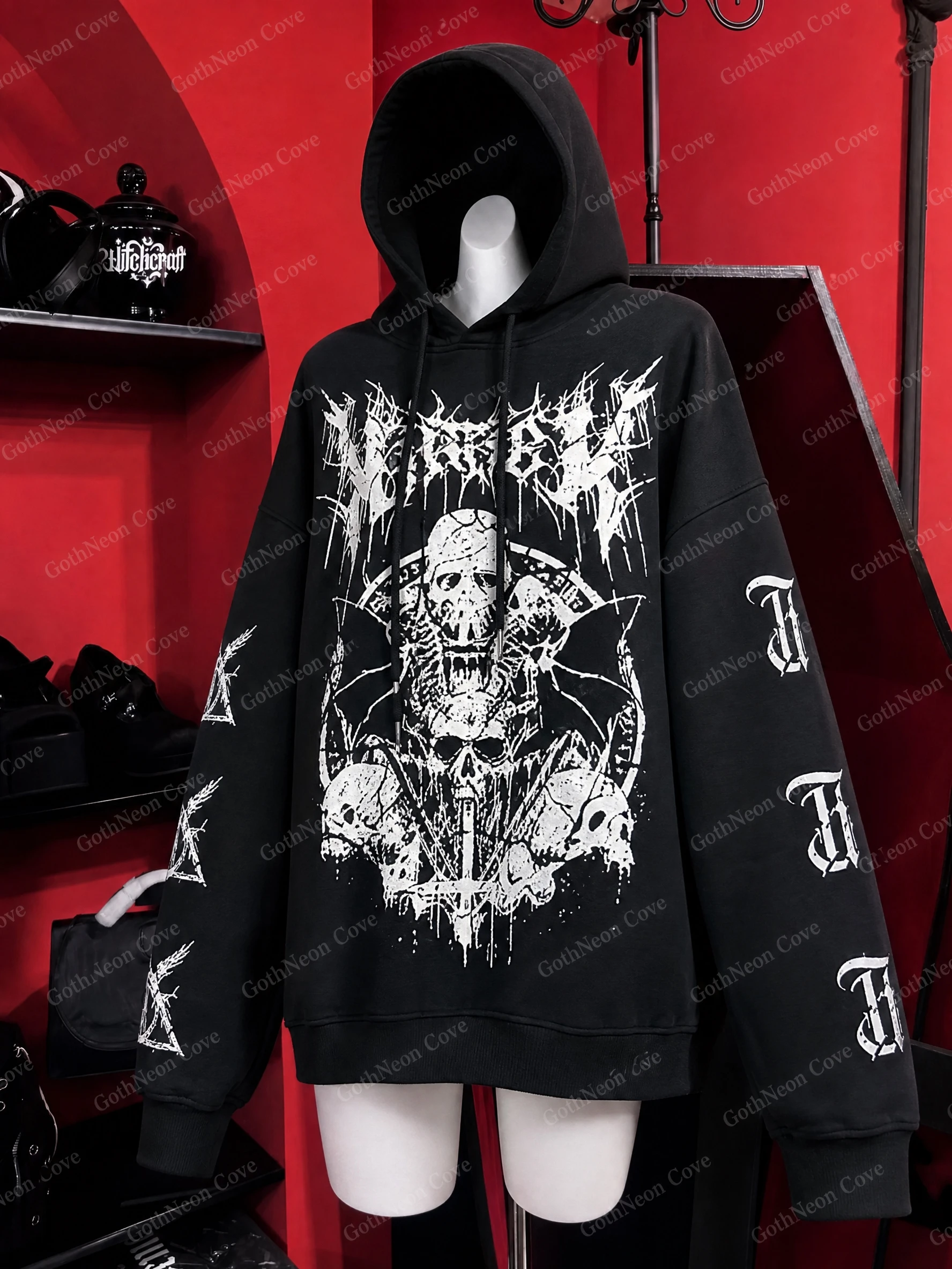 Spring Autumn American Punk Gothic Coat Women Skull Letter Print Loose Hooded Sweatshirt Vintage Y2K Subculture Pullover Coat