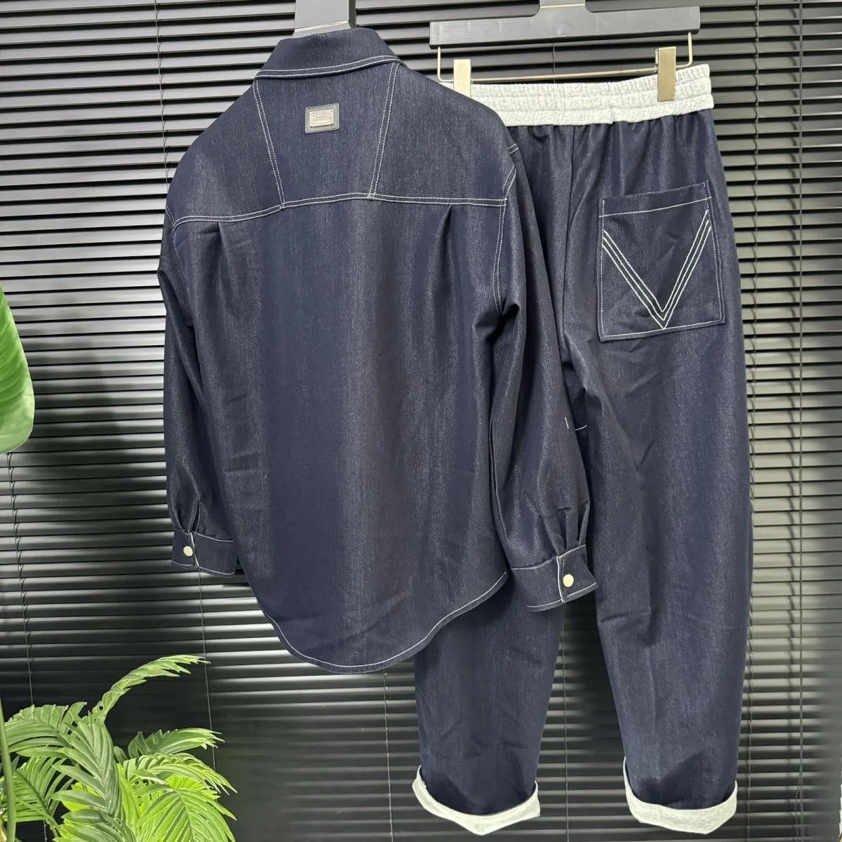 Mens Contrast Stitch Faux Denim Two Piece Set Long Sleeve Shirt Elastic Waist Loose Casual Pants Outfit