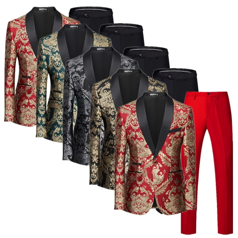 Men’s Business Social Jacquard Suits Blue / Red Fashion Homme Luxury Wedding Prom Party Dress Blazer and Pant - Image 4