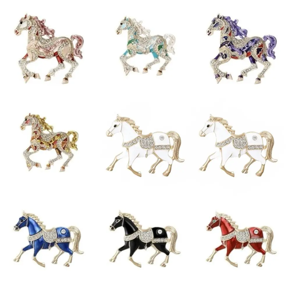 Luxury Enamel Rhinestone Horse Brooch Chinese Style Retro Zodiac Pin Personality Charm Classic Animal Lapel Pins