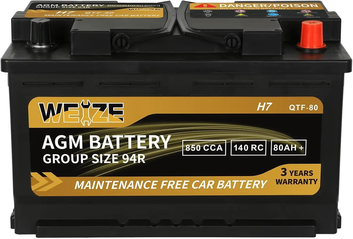 Platinum AGM Battery BCI Group 94R - 12v 80ah H7 Size 94R Automotive Battery, 140RC, 850CCA, 36 Months Warranty