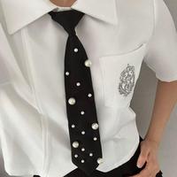 New Korean Pearl Beaded Black Ties JK Black Choker Hand-beaded Long Necktie Tassels Necklace Decoration Shirt Tie For Women