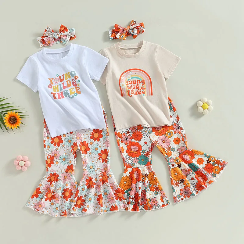 Kids Girls Pants Suit Casual Street Party Short Sleeves Letters Shirt Floral Bell-Bottoms Pants Head Band Children's Clothing