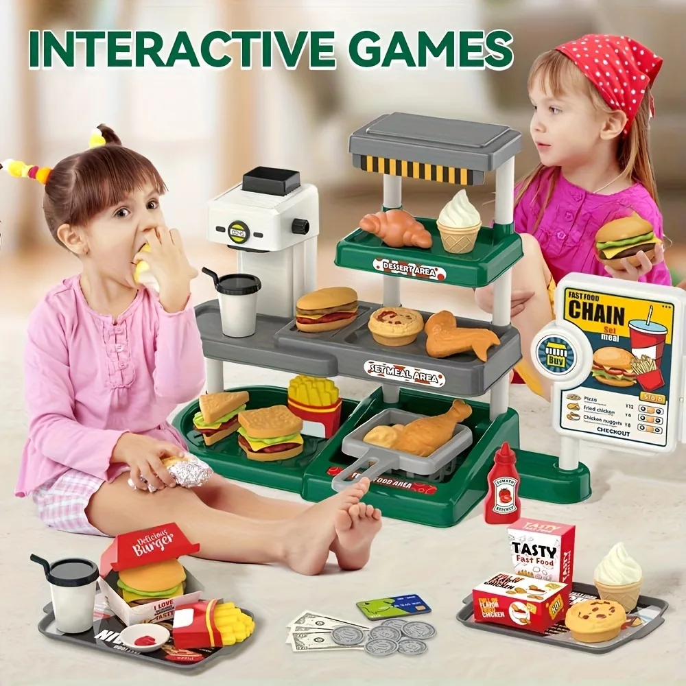 Pretend Play Fast Food Store Toy Cash Register Coffee Maker Burger Fries Chicken Kitchen Educational Game Kids Boys Girls Gift