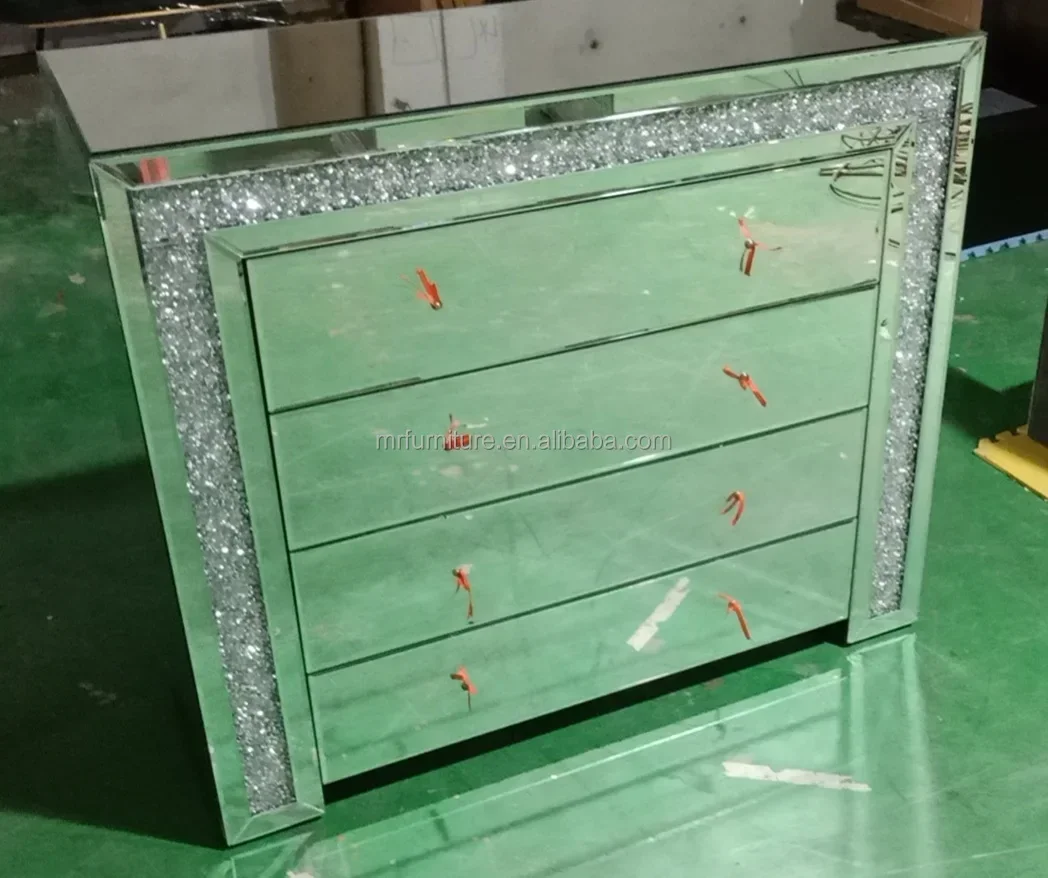 

5 Drawer Side Table Silver Mirror Cabinet Crushed Diamond Chest for Living Room Hotel
