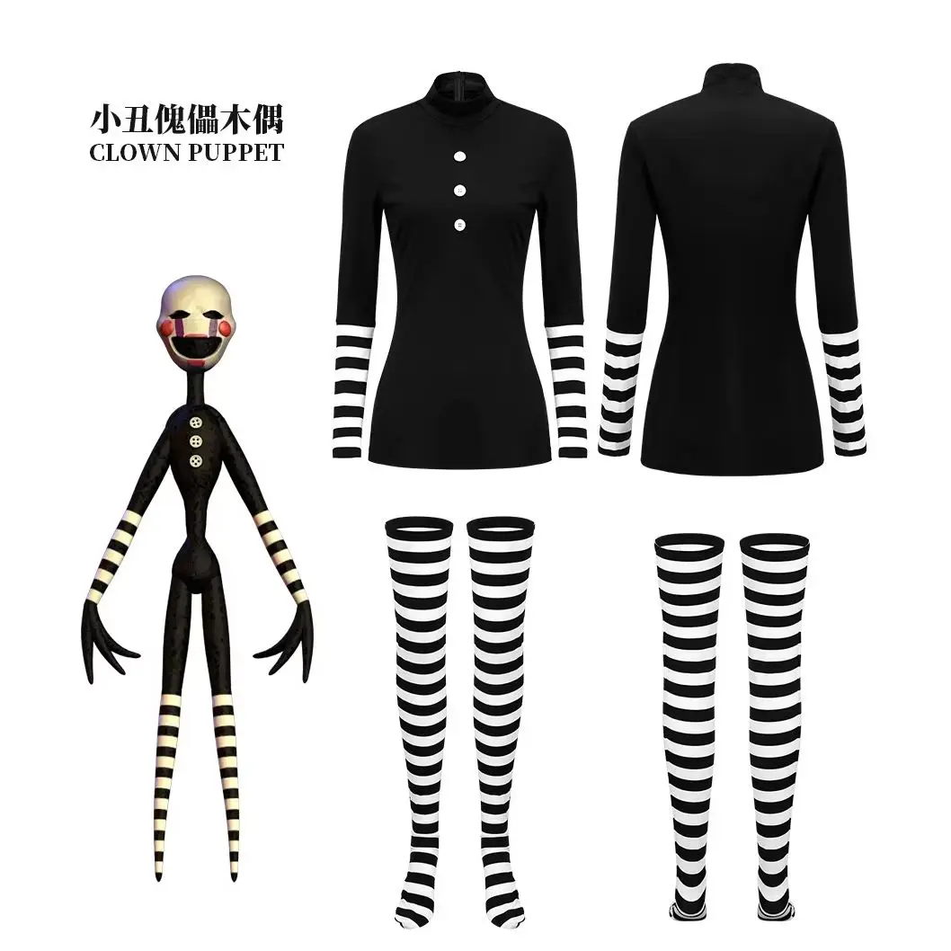 Image of Game Nights Marionette Cosplay Kostüm Kleid Damen Fantasia Schwarzes Minikleid mit Strümpfen Damen Halloween Party Outfits
