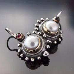 Vintage Silver Color Imitation Pearl Earrings Creative Personality Metal Carving Pattern Dangle Earrings for Women Jewelry