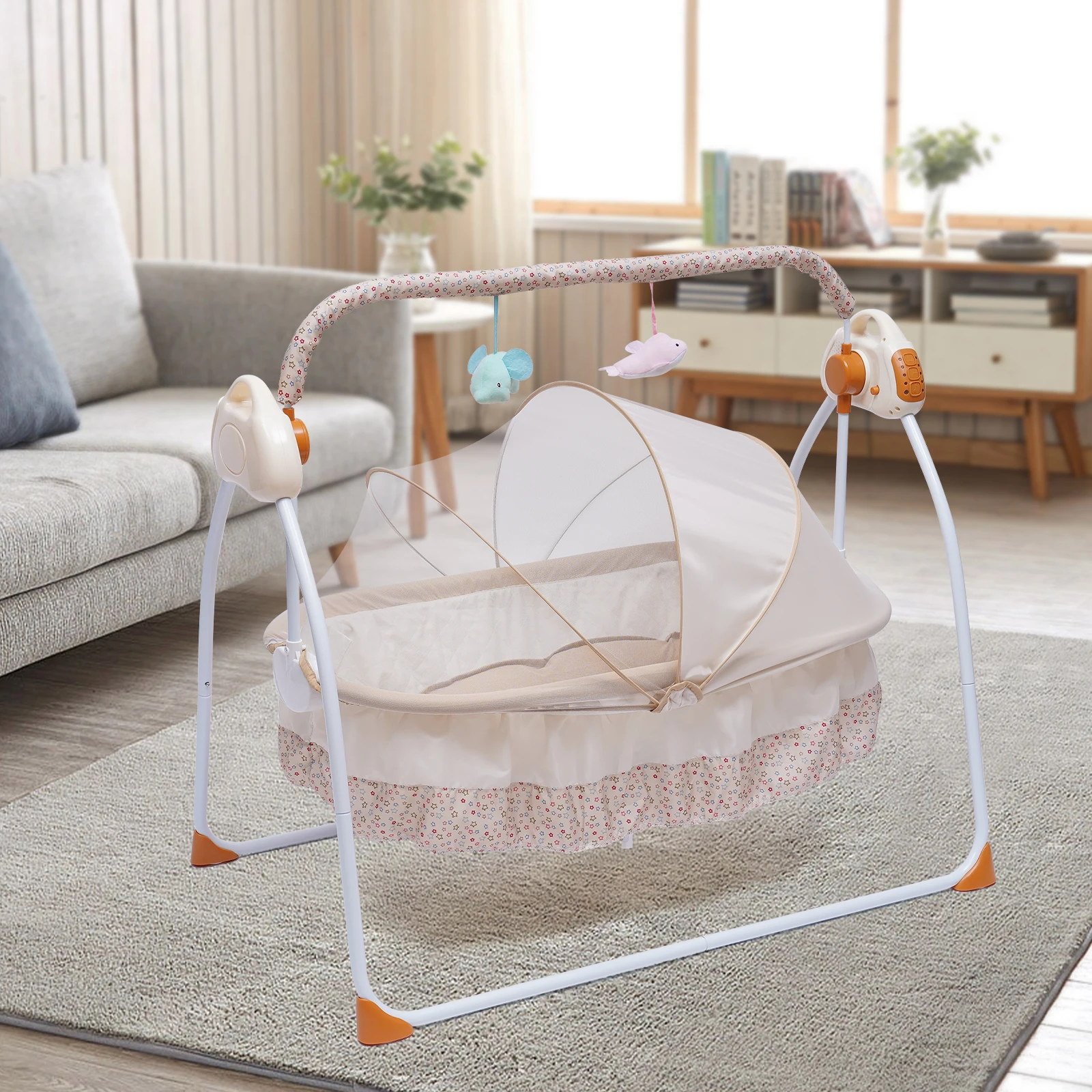 Baby Swing with Bluetooth & USB Music Function, 12 Built-in Songs, 5 Adjustable Swing Speeds, Remote Control, Foldable Design,