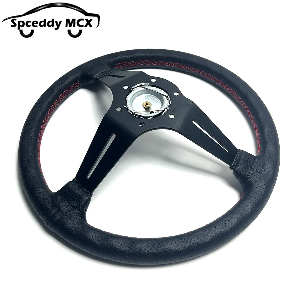 N- Embroidered Steering Wheel Deep Dish 14inch 350MM Perforated Real Leather Steering Wheel Sport 74mm 6 holes PCD