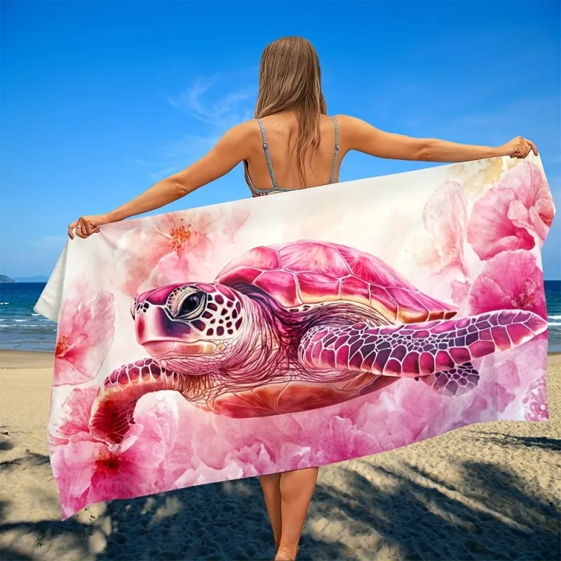Watercolor Pink Sea Turtle Hibiscus Floral Beach Towel For Tropical Hawaii Holiday Women Swimming Soft Towel