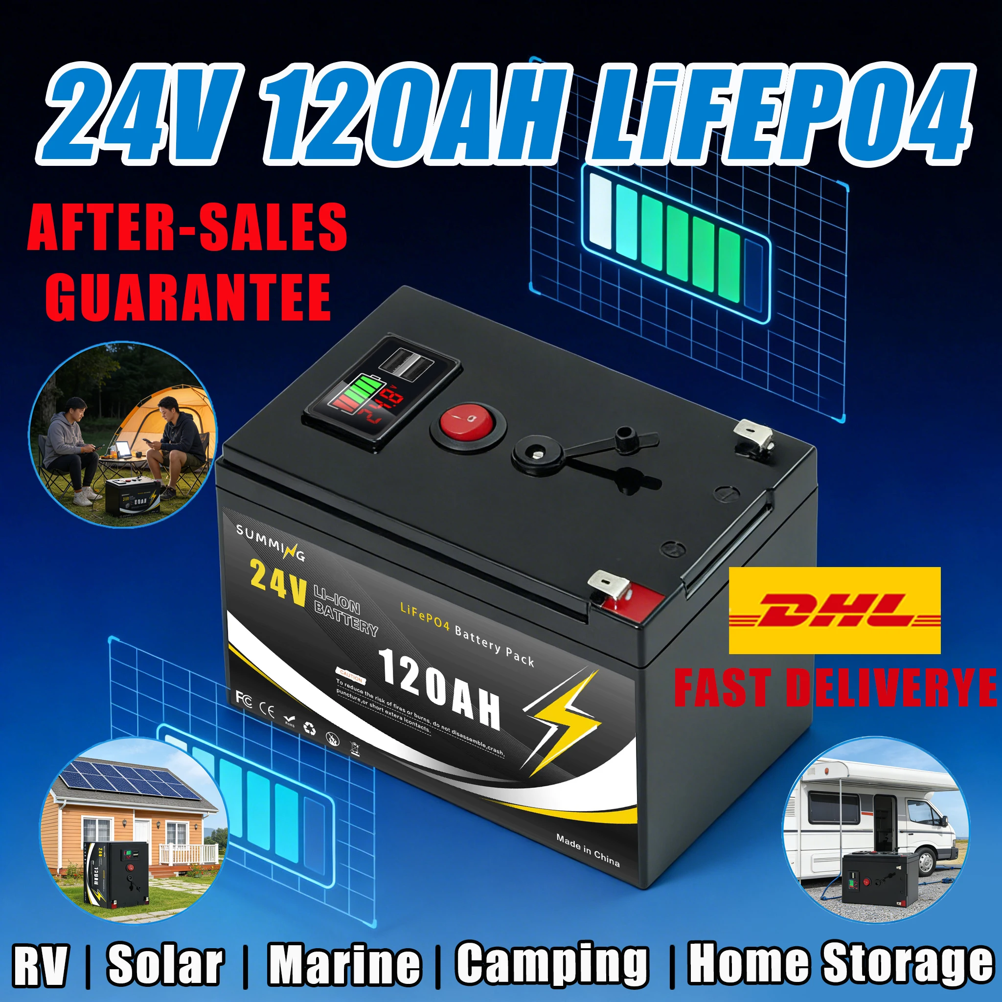 

High-Capacity 24V 120000mAH LiFePO4 Battery with Built-in BMSSolution for Solar PanelsMotorhomes, Yachts&Backup Power