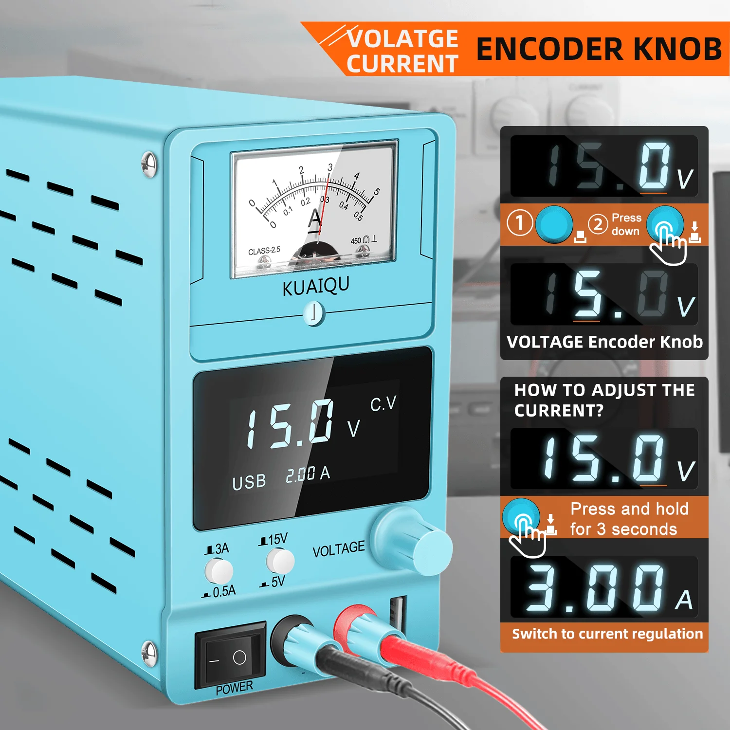 Catu Daya Linier Biru 15V 3A DC Catu Daya Bangku dengan Pengaturan Sakelar Dapat Disesuaikan dengan Penunjuk Tampilan Digital Besar Analog