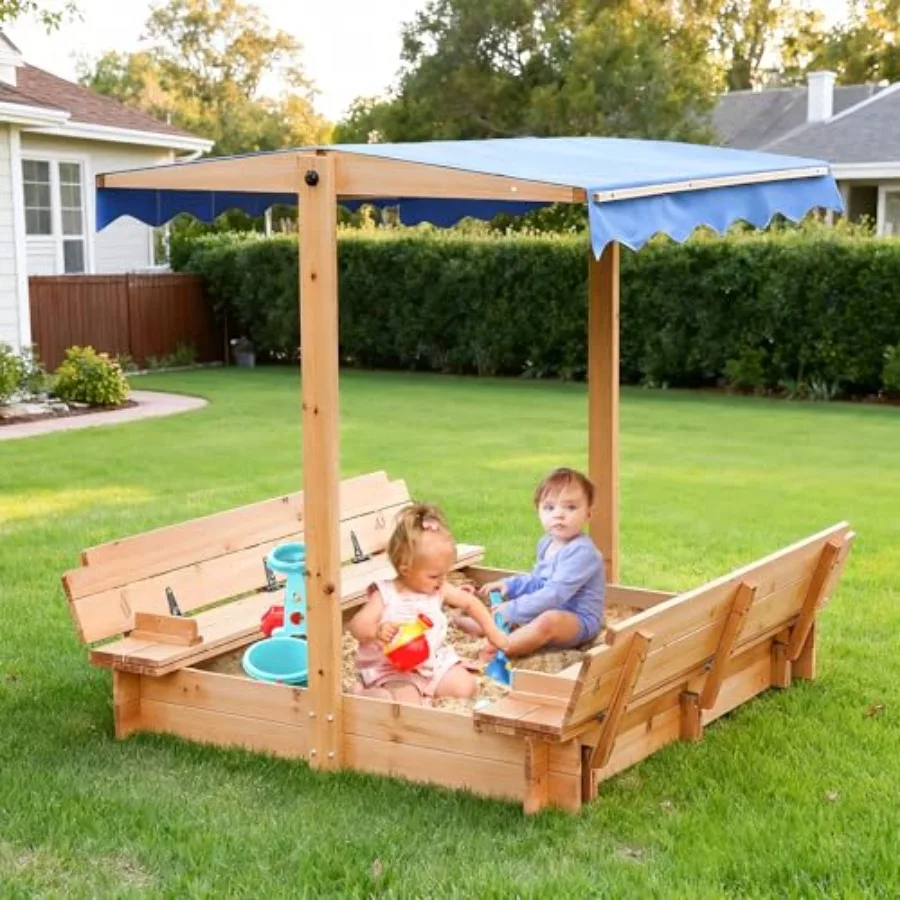 

Деревянная песочница 48''x48'' с крышкой, складными сиденьями-скамейками, вращающимся навесом, защитой от УФ-излучения, грузоподъемность 300 фунтов, для улицы, двора, патио