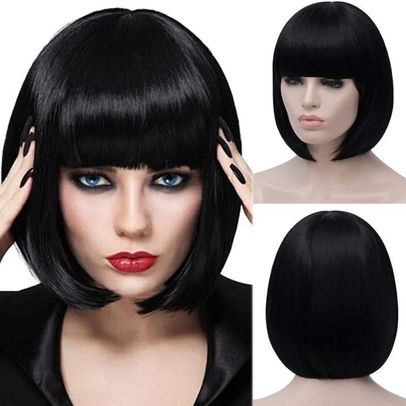 

BobWig Headgear European and American Style Shoulder-Length Bob Wig with Bangs Short Straight Hair Synthetic Wig