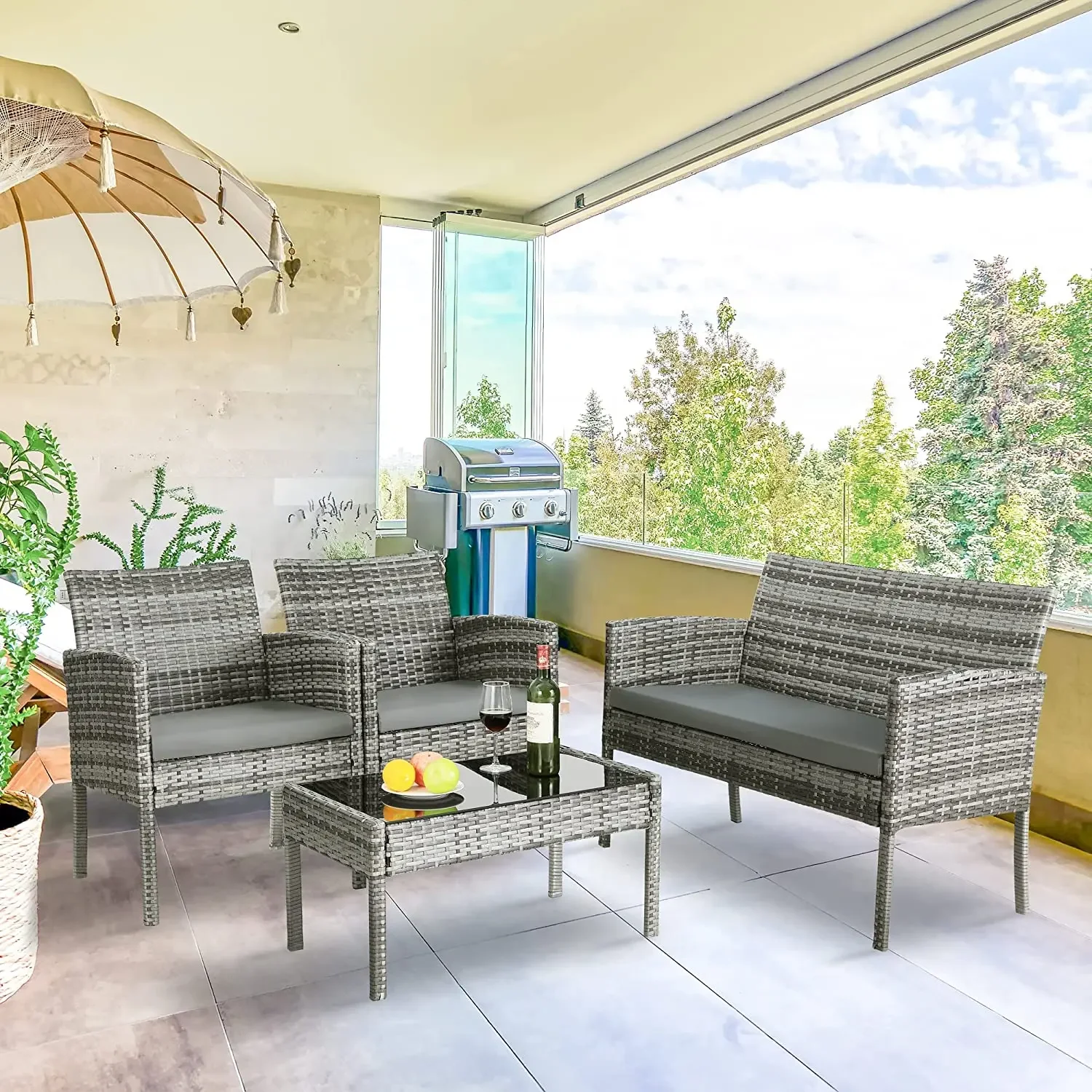 Juego de sofás de jardín para exteriores, sillas de salón y mesa de centro con cojín para Patio, terraza y Patio trasero