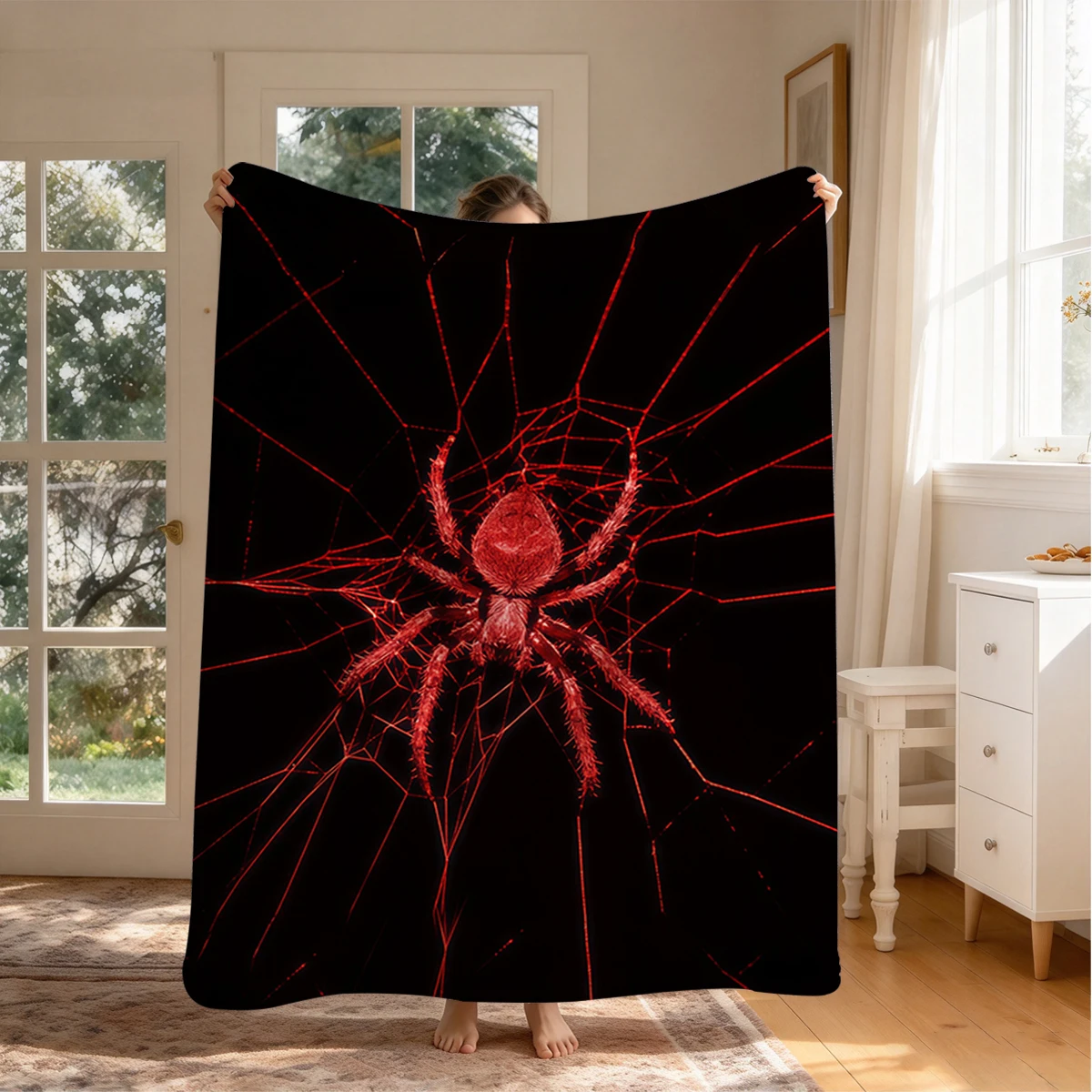Red Spider Web Flannel Blanket Warm Soft Halloween Christmas Couch Warm Cozy Decorative Decor Gift for All Season